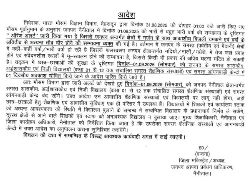 नैनीताल में भारी बारिश का अलर्ट: बच्चों की सुरक्षा के लिए 1 सितंबर को स्कूल एवं आंगनबाड़ी बंद