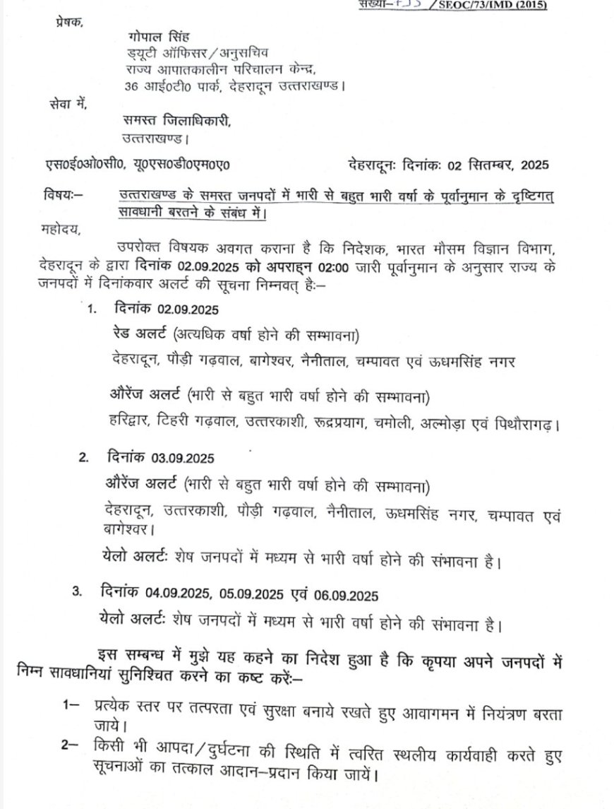 देहरादून: कल इन जिलों में ऑरेंज अलर्ट, अन्य जिलों में येलो अलर्ट जारी