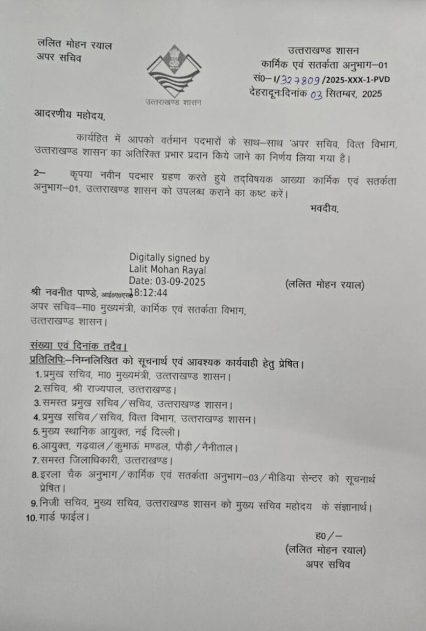 देहरादून: IAS अधिकारियों को मिली नई जिम्मेदारियाँ, वित्त विभाग में बढ़ा काम का भार