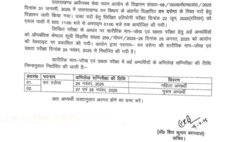 उत्तराखंड: वन दरोगा भर्ती की शारीरिक परीक्षा 24 नवंबर से, आयोग ने जारी किया कार्यक्रम