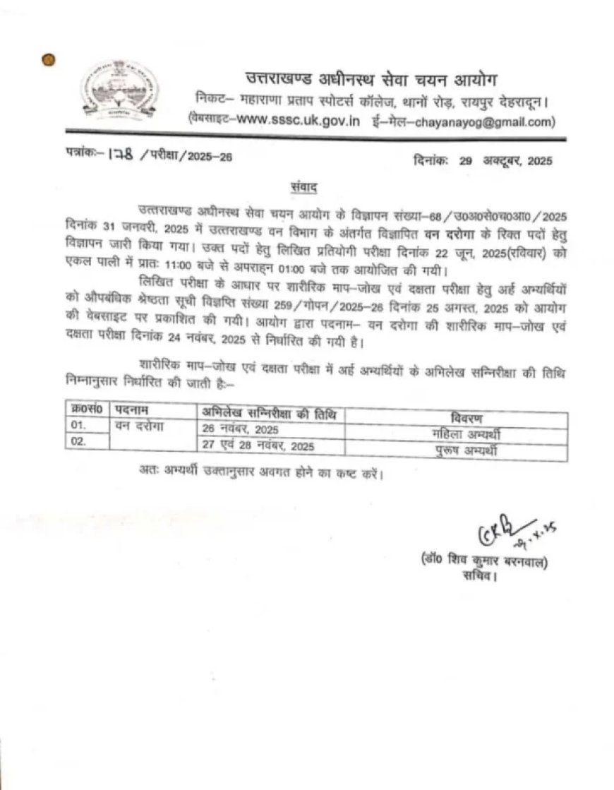 उत्तराखंड: वन दरोगा भर्ती की शारीरिक परीक्षा 24 नवंबर से, आयोग ने जारी किया कार्यक्रम