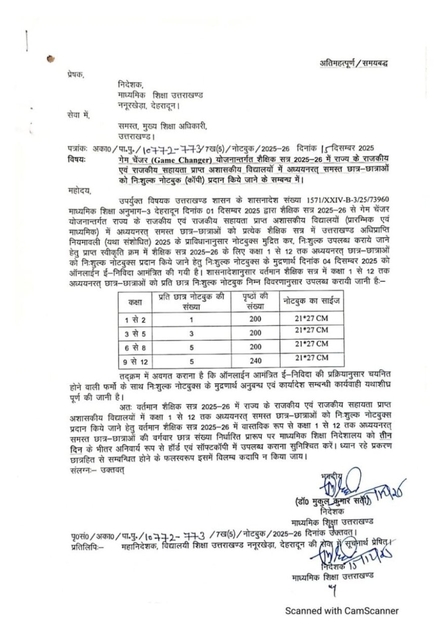 देहरादून:(बड़ी खबर) 12 वी तक के छात्रों को निःशुल्क मिलेगी कॉपी, आदेश जारी