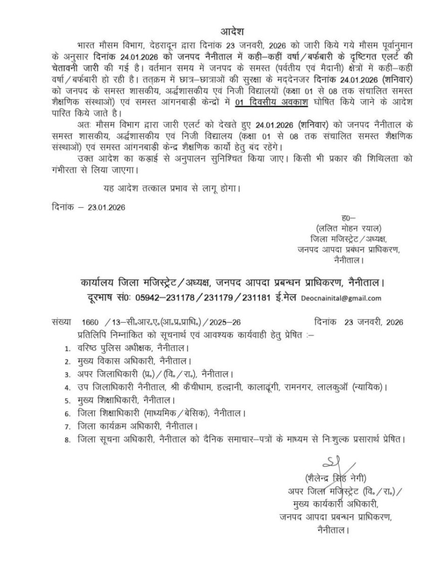 नैनीताल: मौसम पूर्वानुमान के चलते कल छुट्टी के आदेश जारी