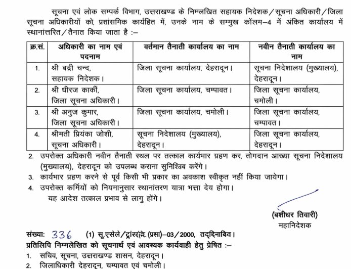 उत्तराखंड सूचना एवं लोक सम्पर्क विभाग में प्रमुख फेरबदल, अधिकारियों के तबादले तुरंत प्रभाव से