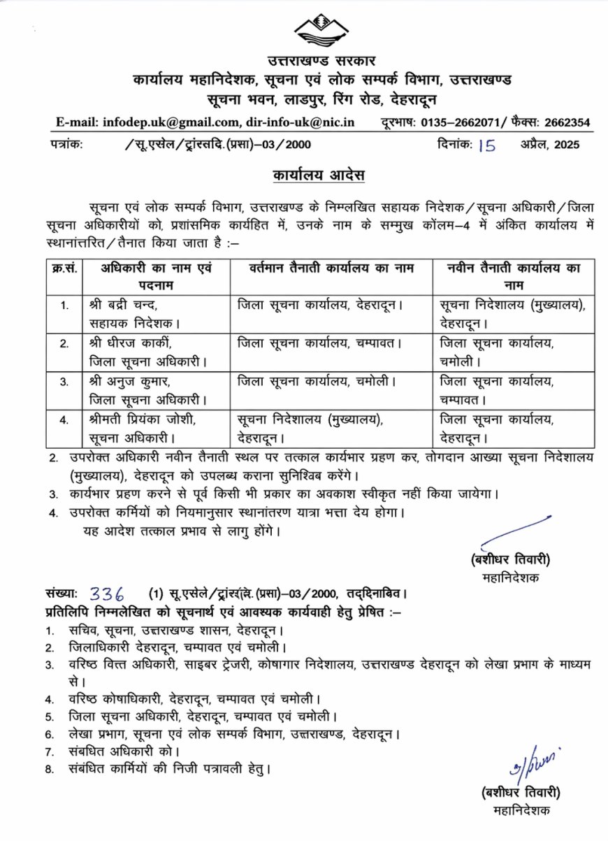 उत्तराखंड सूचना एवं लोक सम्पर्क विभाग में प्रमुख फेरबदल, अधिकारियों के तबादले तुरंत प्रभाव से