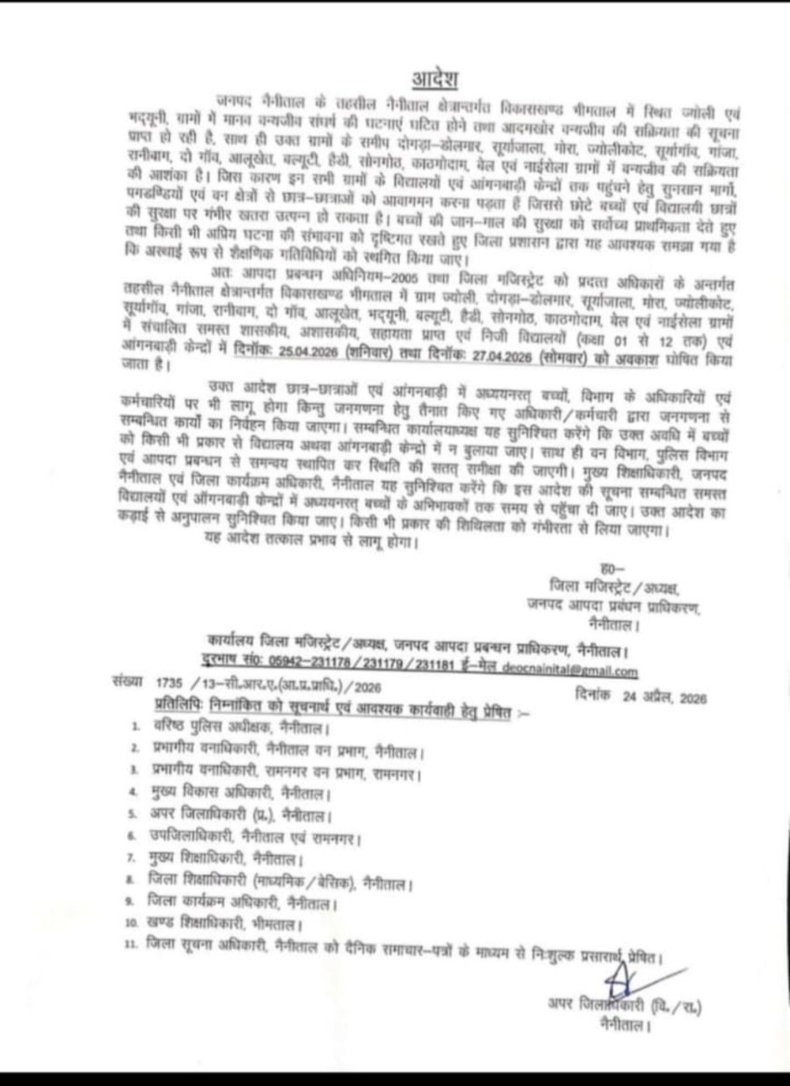 नैनीताल में आदमखोर वन्यजीव का आतंक! बच्चों की सुरक्षा के लिए स्कूलों में 48 घंटे का अवकाश