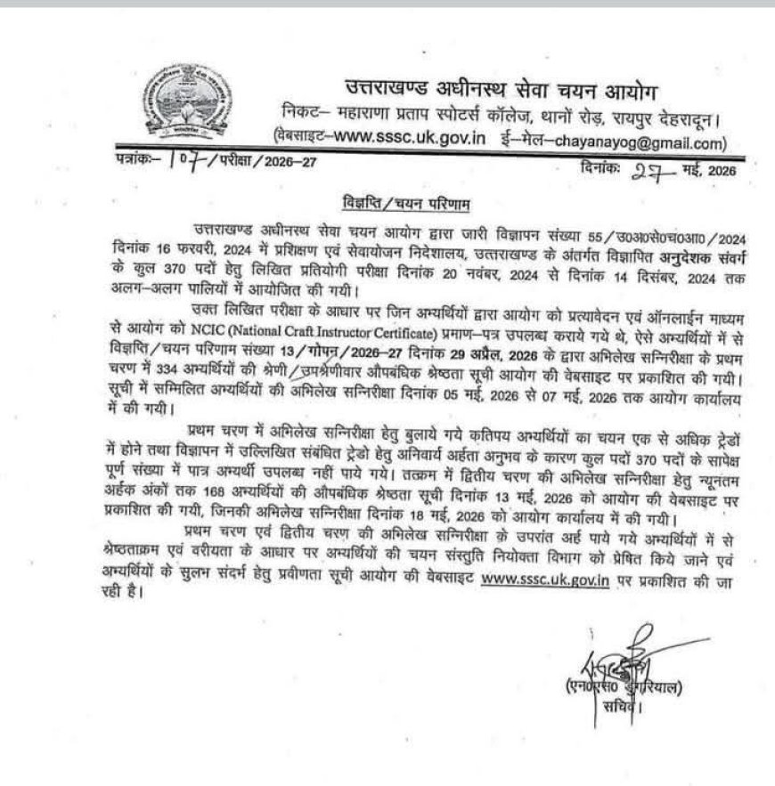 देहरादून: उत्तराखण्ड अधीनस्थ सेवा चयन आयोग ने भर्ती परीक्षा के परिणाम की घोषणा की