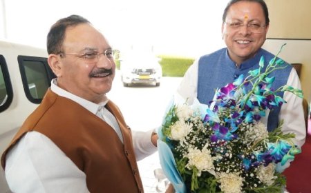 मुख्यमंत्री पुष्कर सिंह धामी ने केंद्रीय मंत्री जे.पी. नड्डा का भव्य स्वागत किया