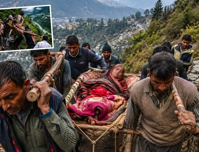 नैनीताल के गांव में सड़क के अभाव में घायल महिला को 4 किमी डोली में ले जाने की सच्चाई